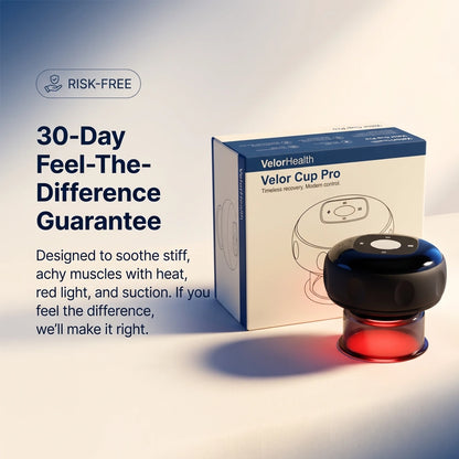 VelorHealth Velor Cup Pro suction device with a black rounded body, clear base, and red light glow, shown next to its white and blue retail box on a clean light background with promotional text.