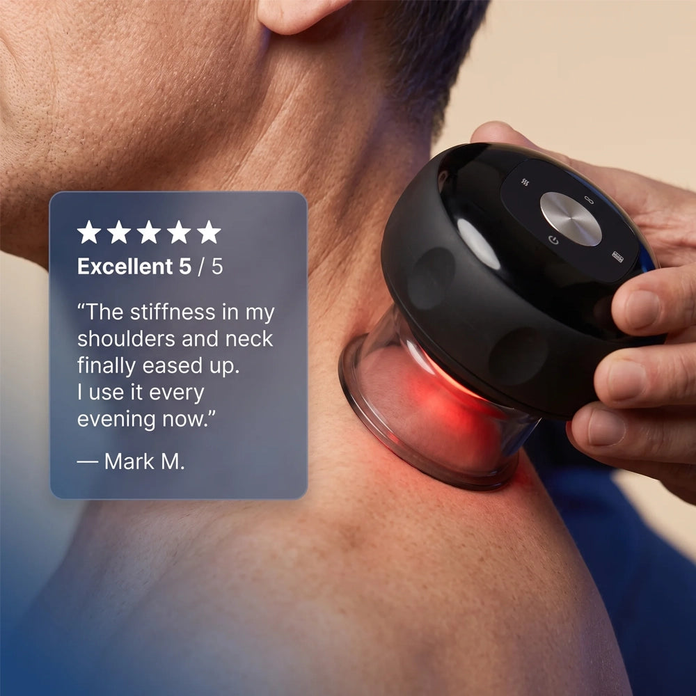 A close-up of a person holding a black handheld neck and shoulder massage device against their neck, with a glowing red light emitting from the clear cup. A dark gray review card with a 5-star rating and testimonial text is overlaid on the left side.