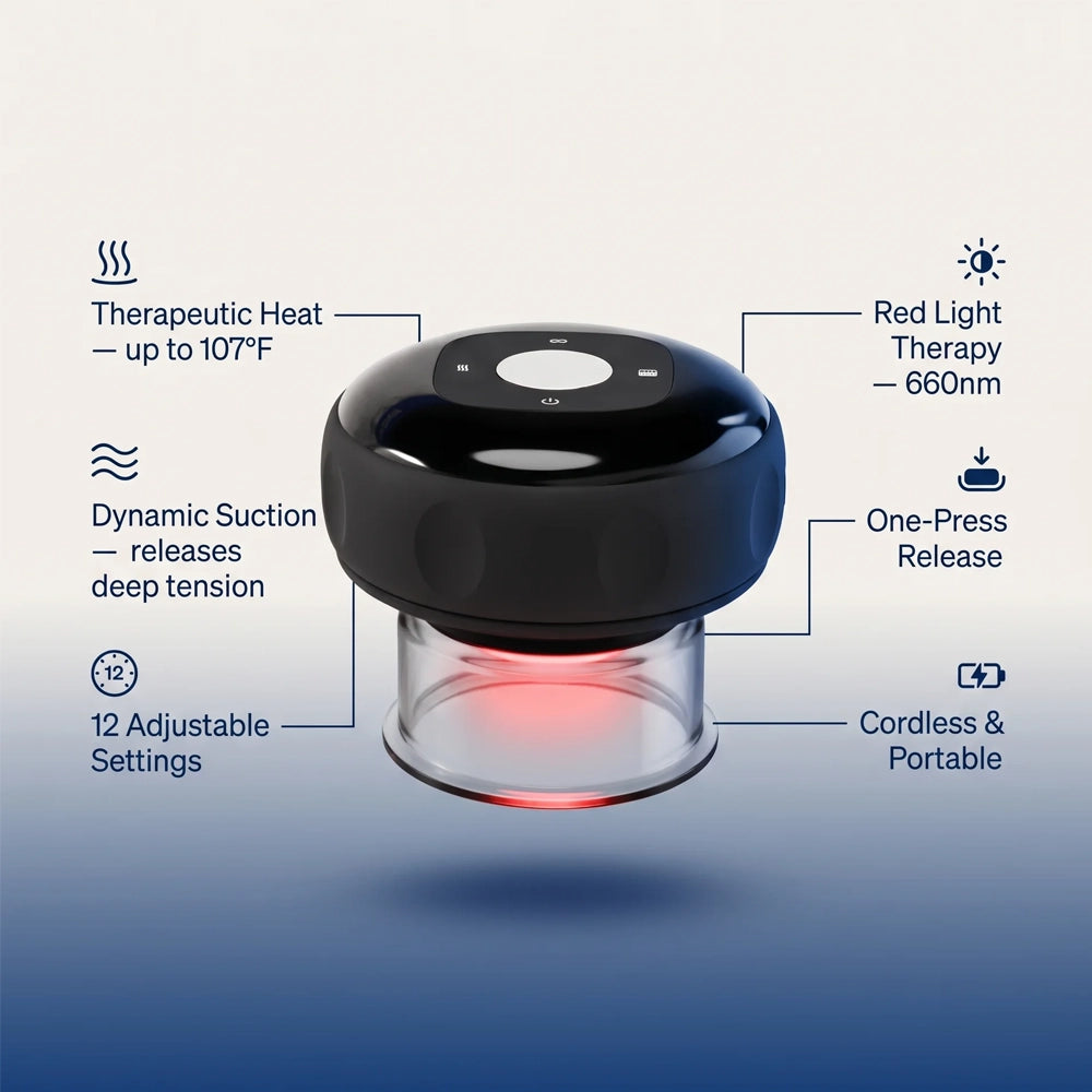 A black portable intimate wellness device with a clear lower chamber emitting red light, shown with callout lines and text describing features such as therapeutic heat, dynamic suction, red light therapy, one-press release, 12 adjustable settings, and cordless portability on a blue-to-white gradient background.