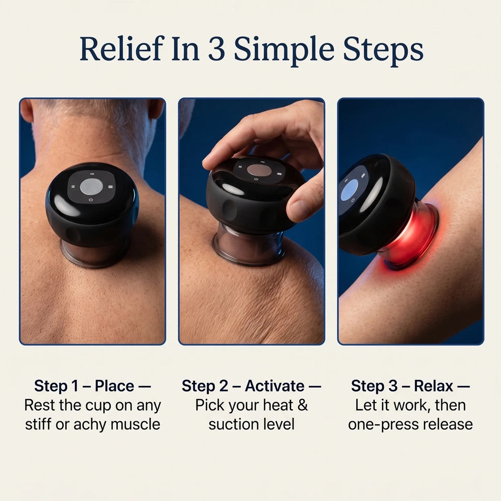 Instructional graphic titled 'Relief In 3 Simple Steps' showing three panels of a black cupping therapy device applied to a shoulder and arm, with text describing placement, activation, and relaxation steps.