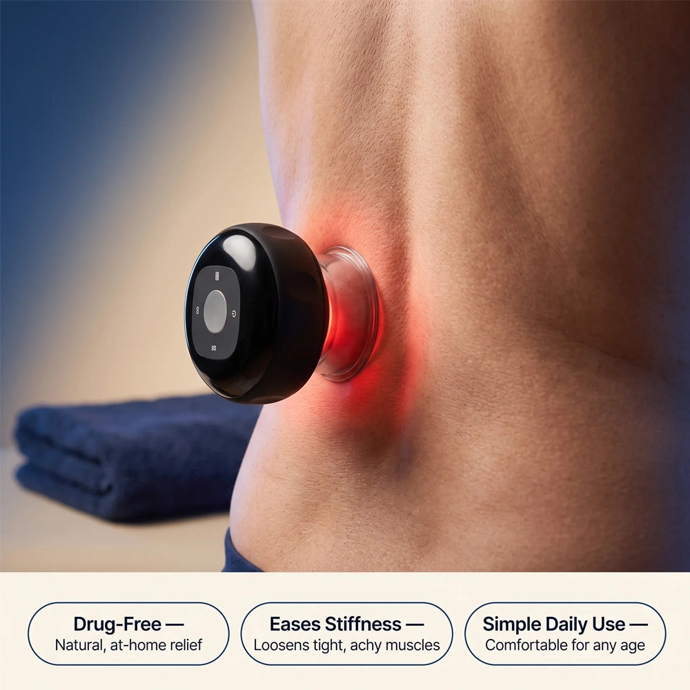 A black circular magnetic muscle stimulator device with a red light glowing from within, applied to a person's lower back. The image includes three text callouts at the bottom: 'Drug-Free — Natural, at-home relief', 'Eases Stiffness — Loosens tight, achy muscles', and 'Simple Daily Use — Comfortable for any age'.