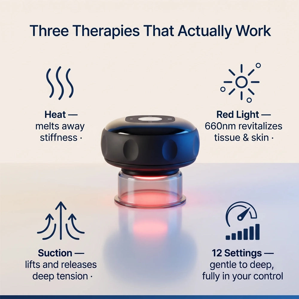 A promotional graphic for a small black and clear cylindrical device with a glowing red light underneath, surrounded by text callouts reading 'Three Therapies That Actually Work,' including Heat, Red Light, Suction, and 12 Settings.