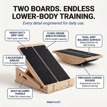 An informational product graphic for a wooden lower-body training rocker with black grip tape. The image shows the product from multiple angles with callout labels explaining features like adjustable angles, built-in carry handle, dual-grip balance surface, and clinic-grade plywood construction.