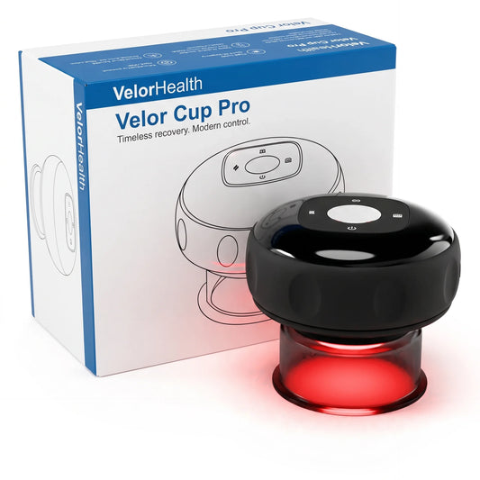 VelorHealth Velor Cup Pro black smart cup with a glowing red light base, shown next to its white and blue retail box on a white background.