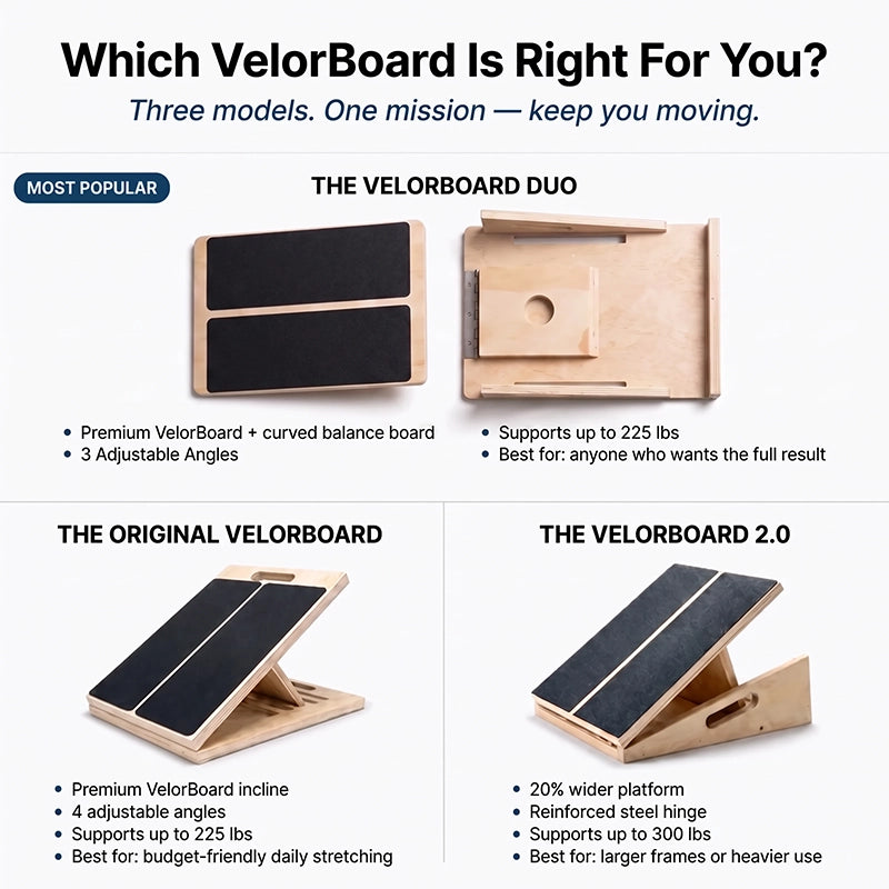 A promotional comparison graphic for VelorBoard exercise boards showing three models: The VelorBoard Duo, The Original VelorBoard, and The VelorBoard 2.0.