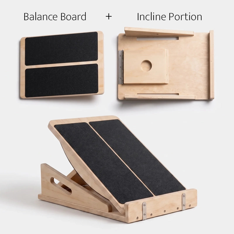 Wooden balance board and incline portion shown from multiple angles on a light gray background, with text labels 'Balance Board' and 'Incline Portion' above.
