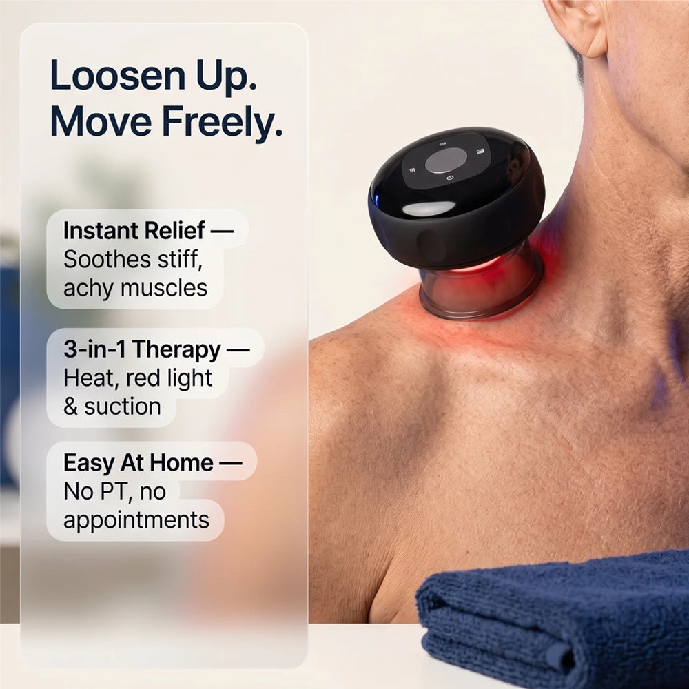 A close-up of a person's neck and shoulder with a black circular neck massager applied, showing red light therapy and suction in use. Text on the left reads 'Loosen Up.